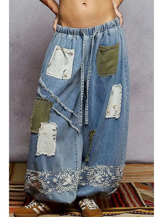 POL Pants - POL Denim Wide-Leg Patchwork Joggers with Olive & Cream Patches